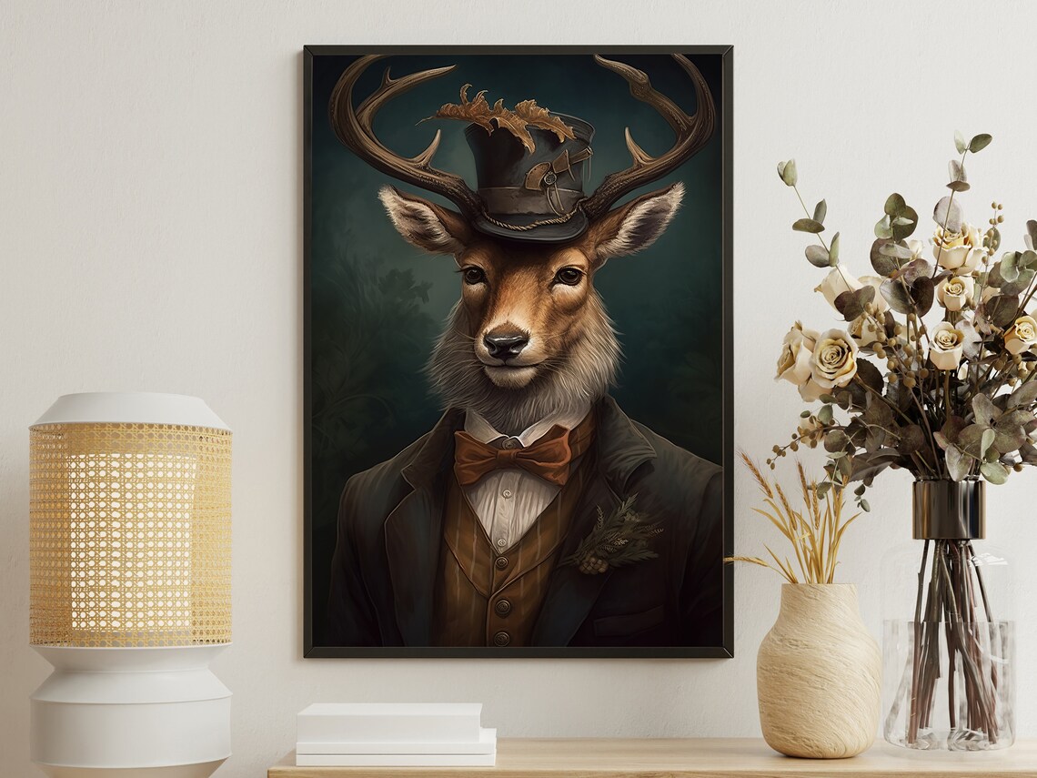 Victorian Gentleman Stag Portrait Top Hat Bow Tie Suit Dark Academia Print