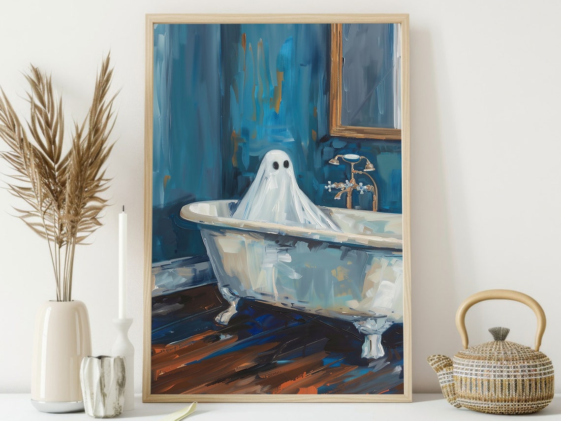 Cute Ghost In Vintage Clawfoot Bathtub Blue Bathroom Art Poster - Image 3
