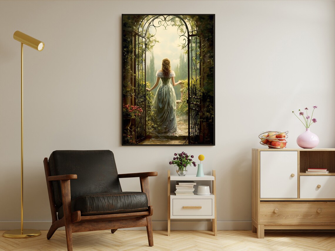 Victorian Lady Green Gown Garden Gate Romantic Secret Garden Art Poster Print - Image 2