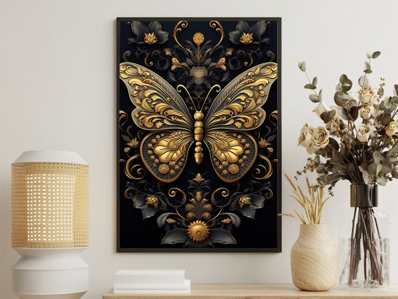 Gold Butterfly Painting Butterfly Art Print Butterfly Print Animal Art Print Botanical Art Print Rustic Flowers Poster Print