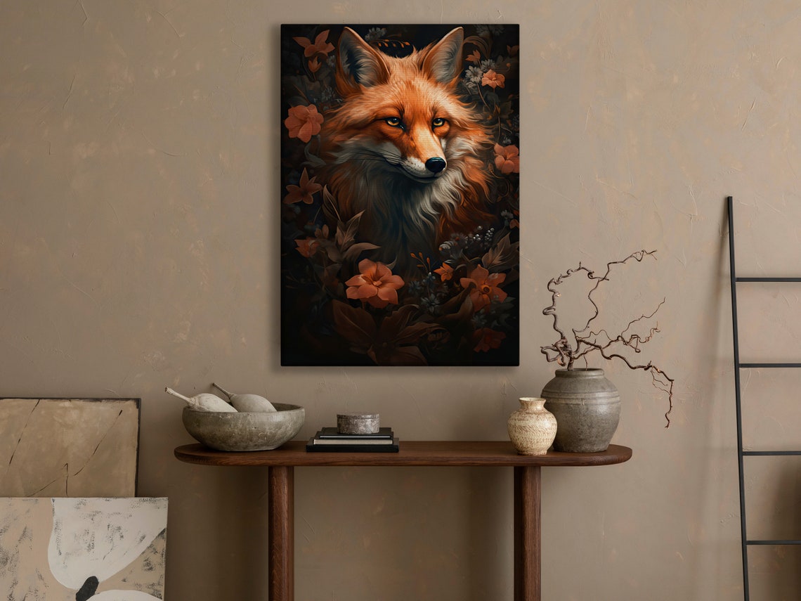 Red Fox Portrait Among Dark Florals Dramatic Wildlife Art Print - Image 3