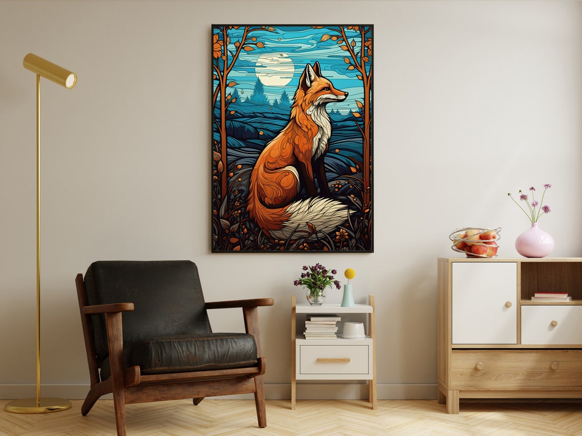 Red Fox Under Night Moon Stained Glass Style Autumn Forest Art Poster - Image 4