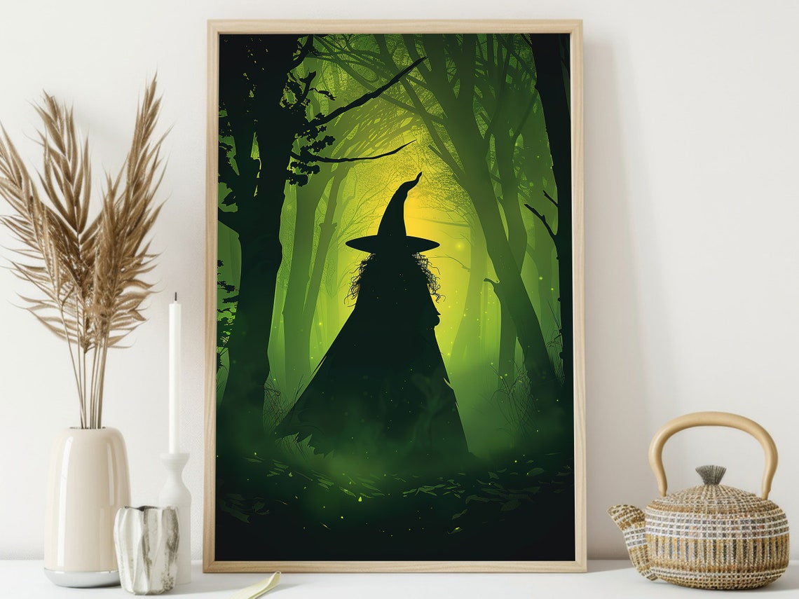 Witch Silhouette In Green Misty Forest Glowing Magical Art Poster - Image 4