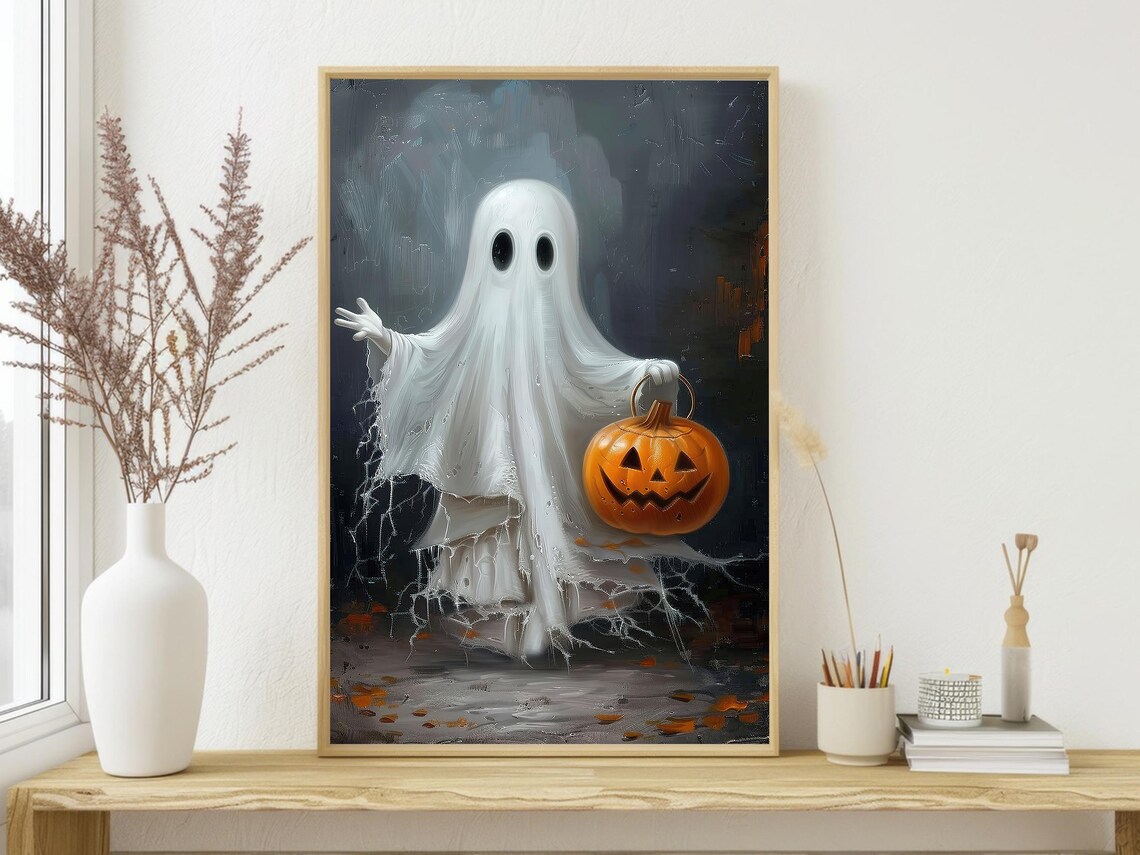 Playful Ghost Holding Jack O Lantern Pumpkin Waving Painterly Halloween Poster - Image 3