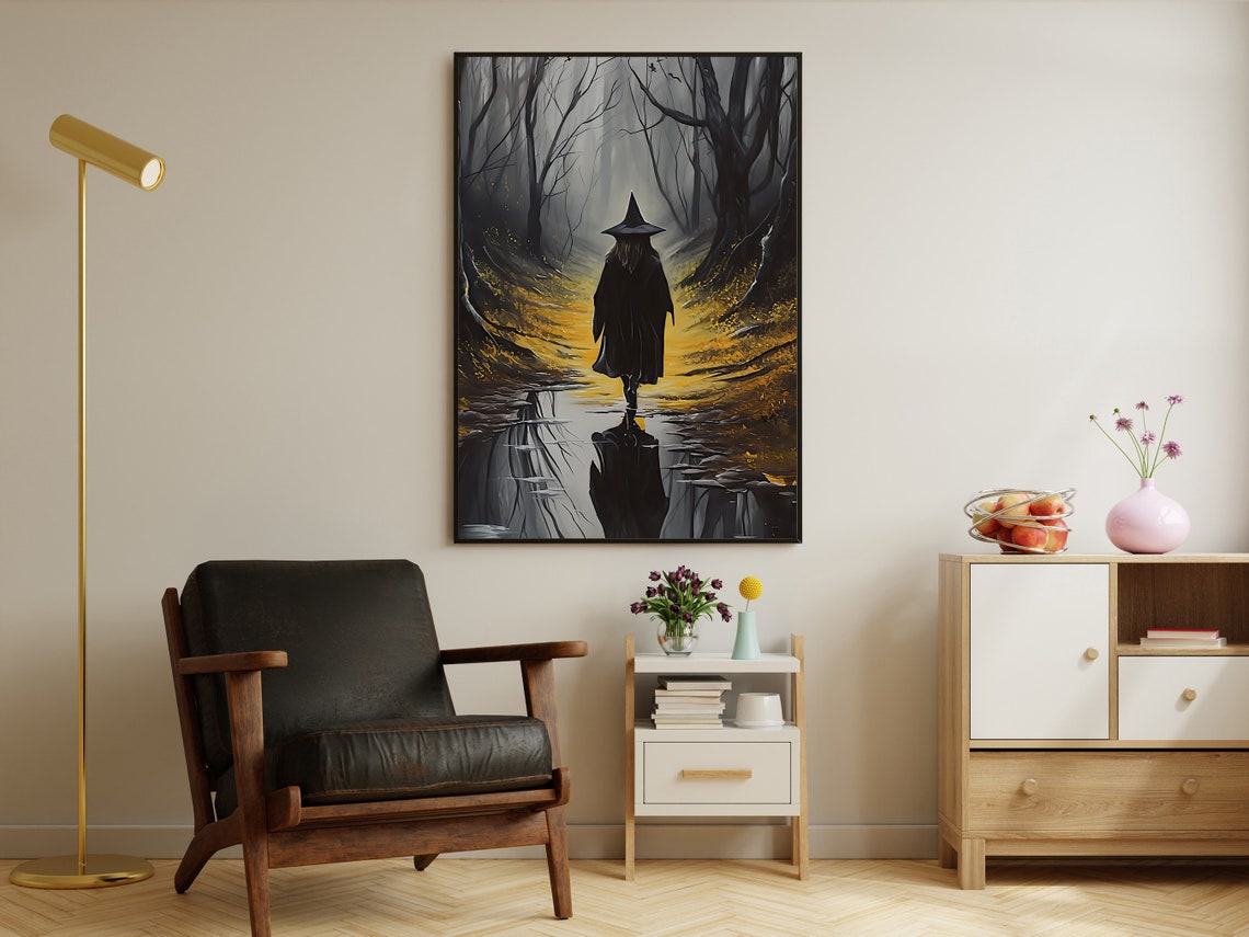 Witch Silhouette Walking Into Misty Golden Forest Path Art Print - Image 4