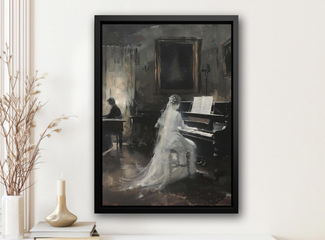 Ghostly Woman Playing Piano in Dark Haunted Music Room Art Poster