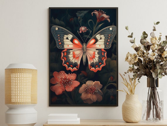 Cottage Butterfly Painting Flowers Art Print Butterfly Print Flowers Wall Art Botanical Art Print Flowers Poster Print