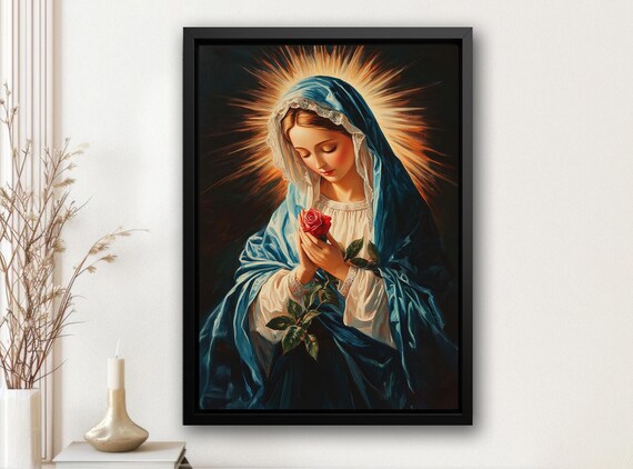 Virgin Mary Blue Veil Red Rose Golden Halo Vintage Catholic Art Print