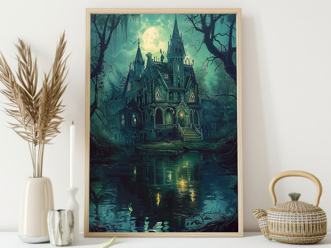 Haunted Gothic Mansion By Moonlit Lake Green Night Castle Poster - Image 4