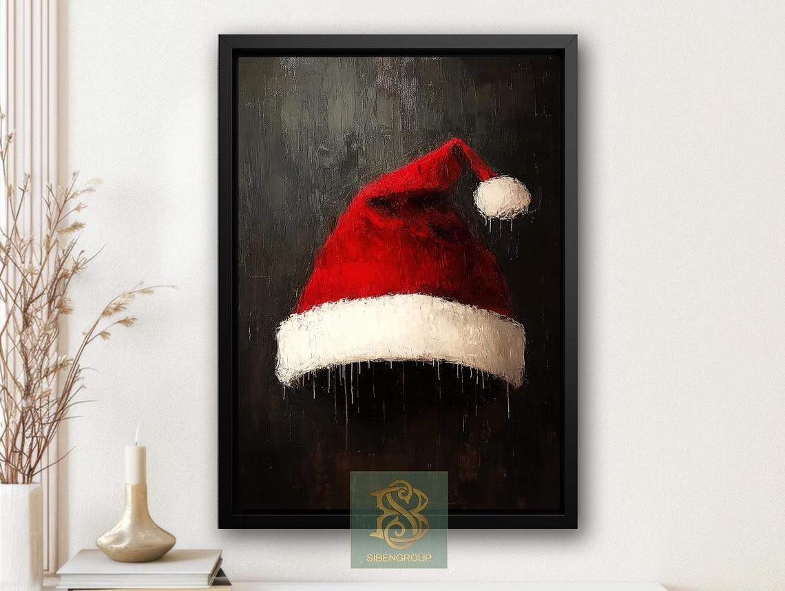 Red Santa Hat On Dark Background Textured Christmas Holiday Print