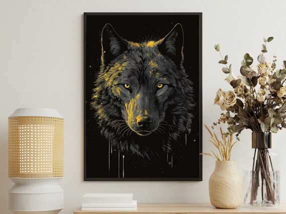 Black Wolf Golden Eyes Dark Wildlife Portrait Wall Art Poster
