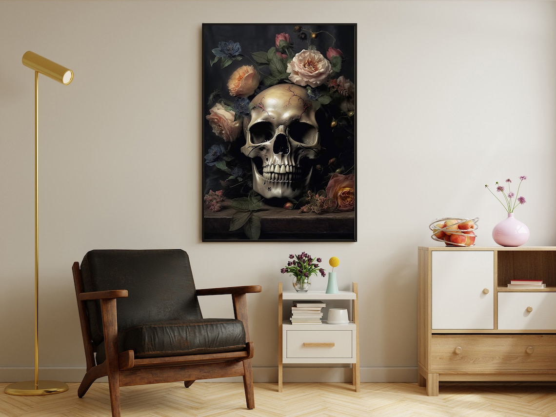 Vanitas Skull Crowned Roses Dark Floral Baroque Still Life Art Poster - Image 2