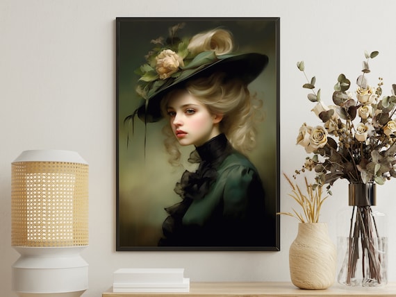 Victorian Lady Green Feathered Hat Rose Oil Painting Gothic Portrait Poster