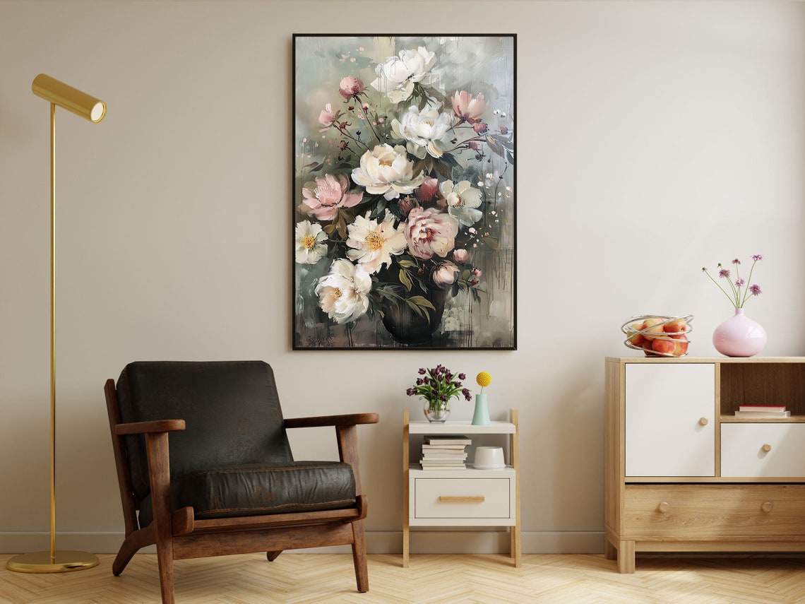 Blush Pink Peonies In Dark Vase Moody Painterly Floral Art Print - Image 4