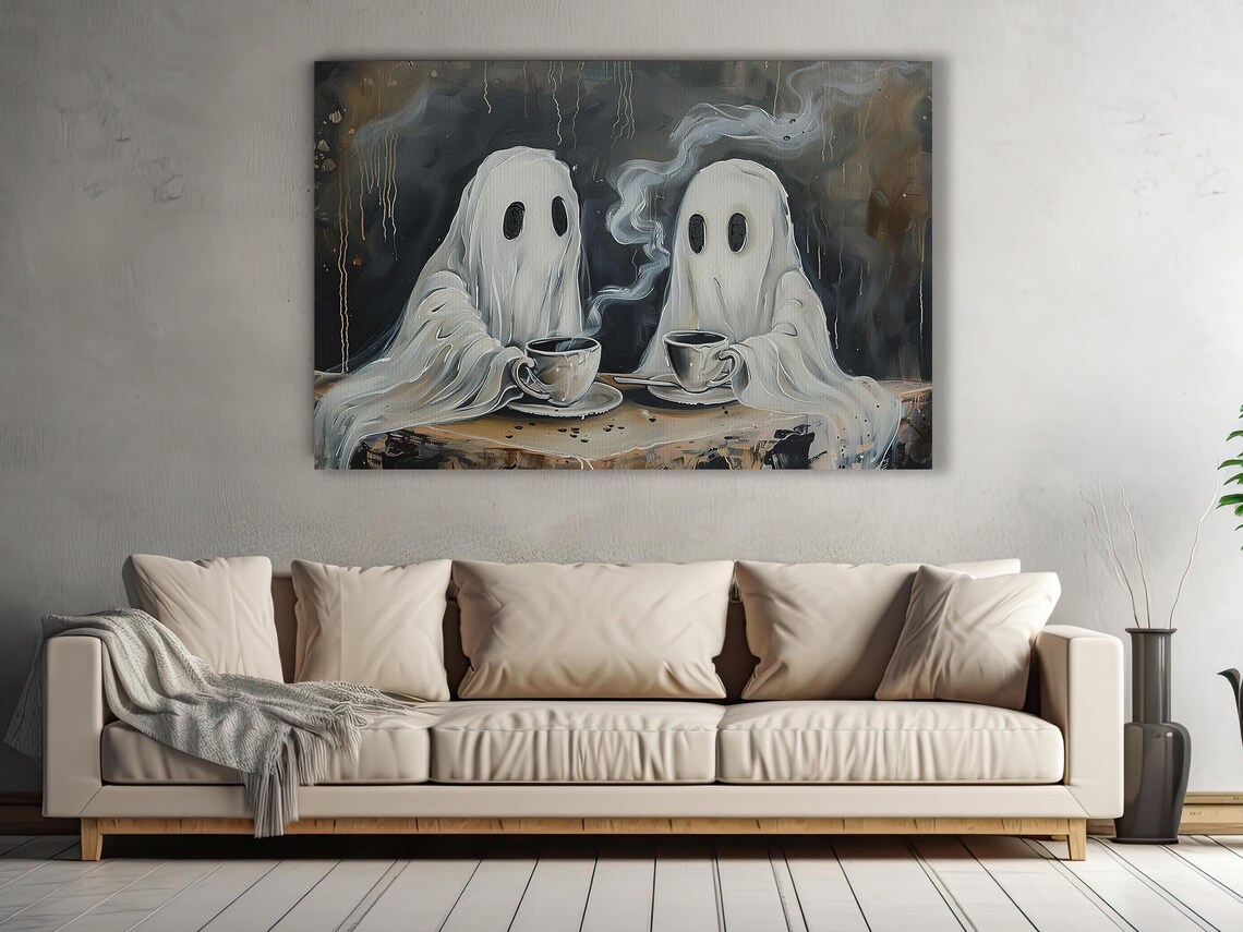 Two Cute Ghosts Drinking Tea Dark Moody Halloween Spooky Painting Poster - Image 3