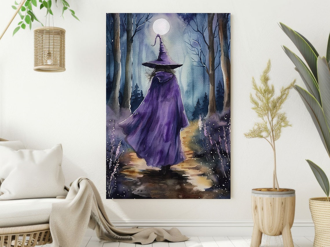 Witch In Purple Cloak Walking Moonlit Forest Path Watercolor Poster - Image 2