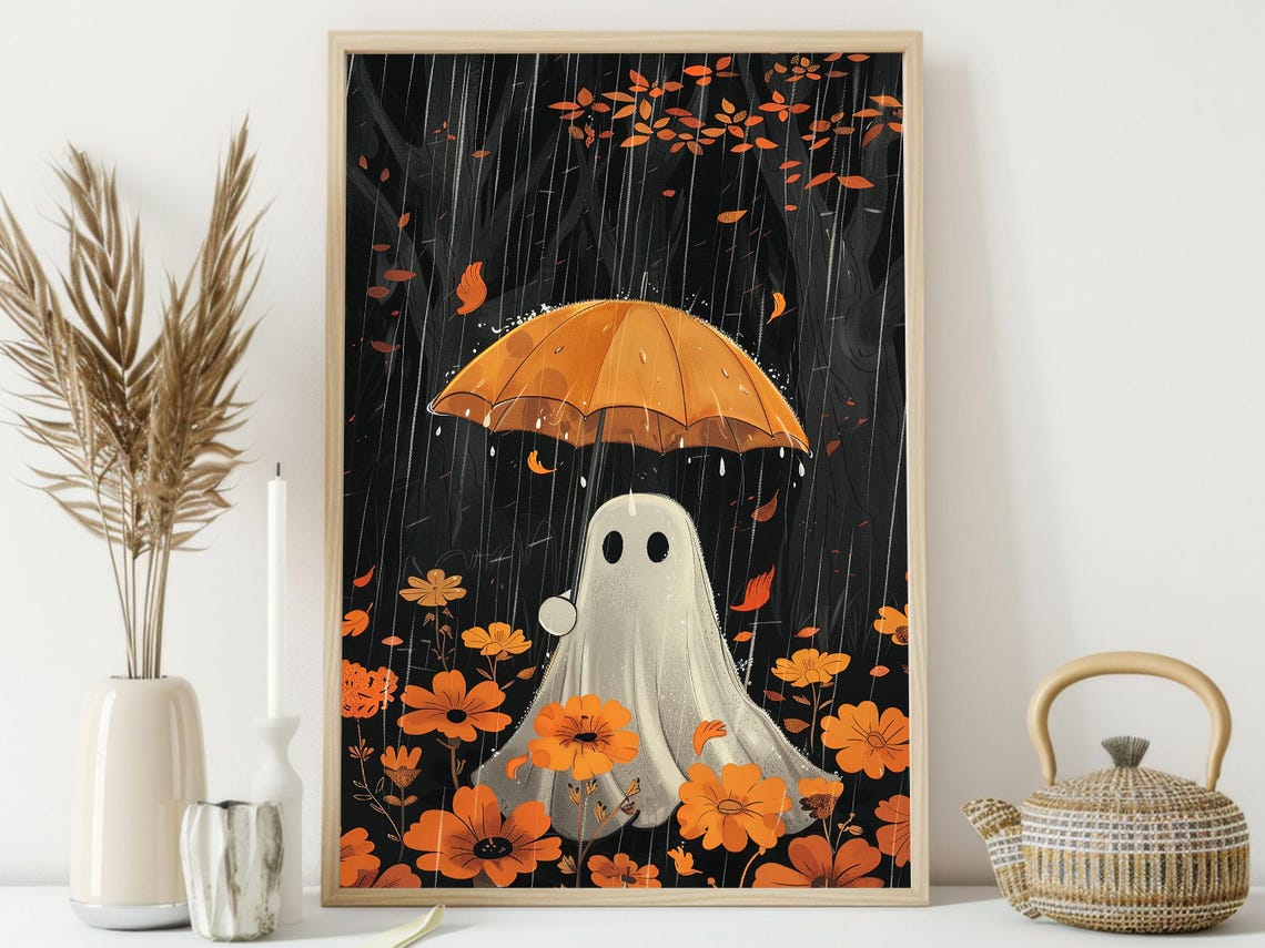 Cute Ghost Holding Orange Umbrella In Rainy Flower Field Art Print - Image 4