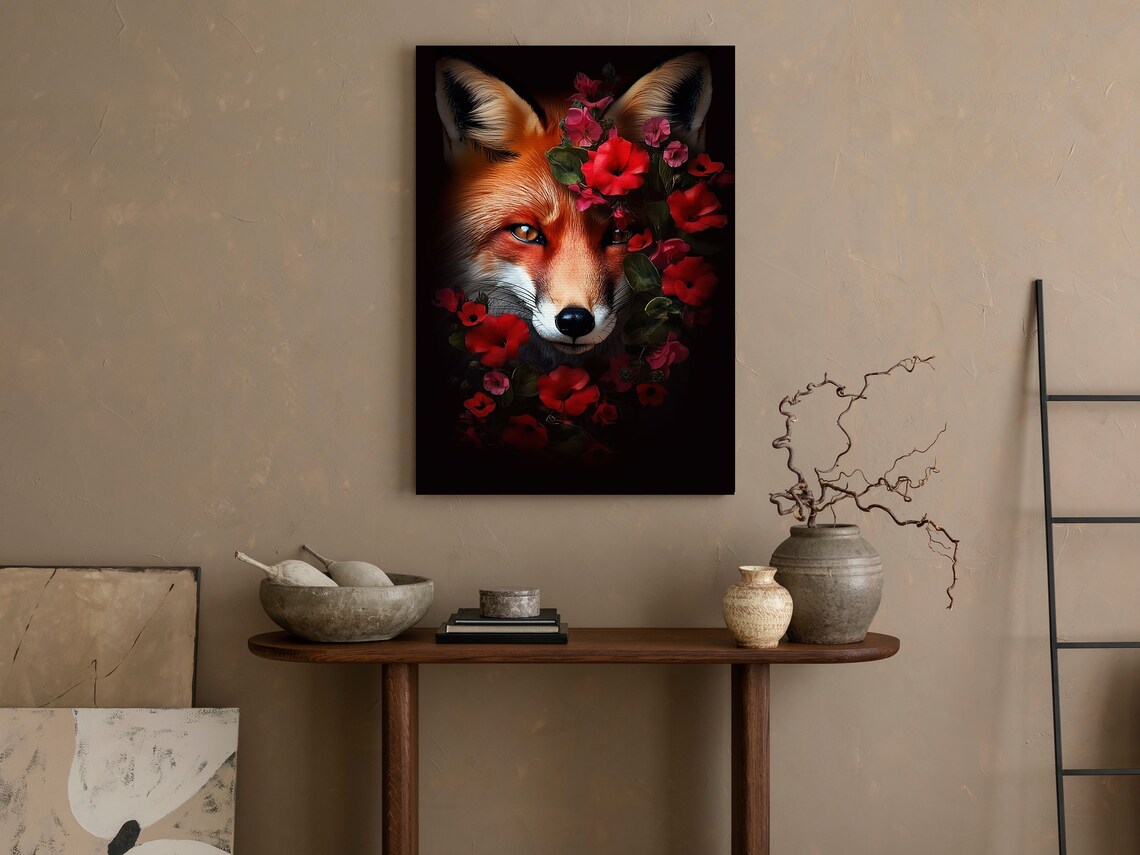 Red Fox Portrait Among Scarlet Flowers Dark Moody Wildlife Animal Poster - Image 4