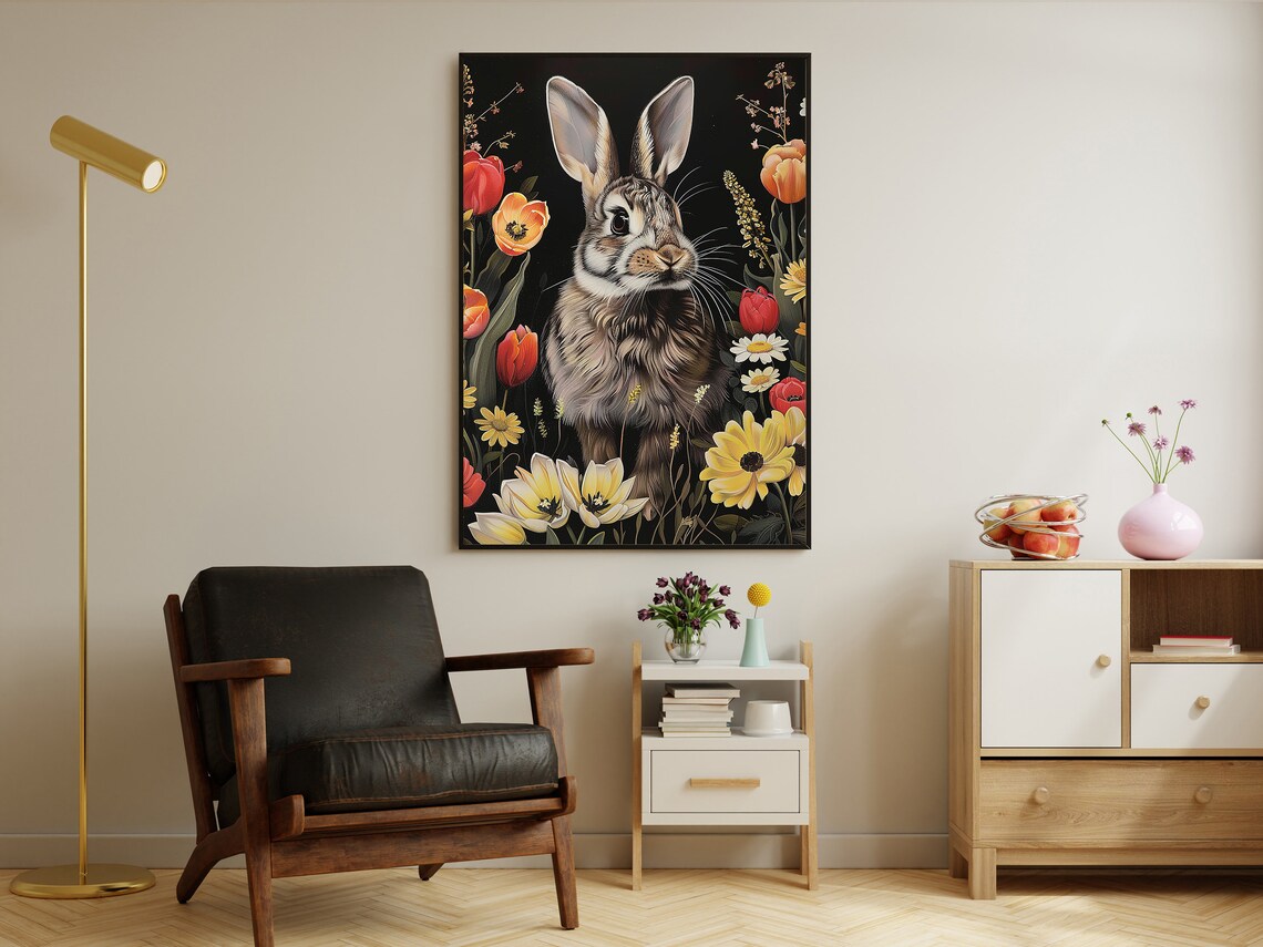 Wild Rabbit Among Tulips Daisies Black Background Botanical Animal Art Poster - Image 3