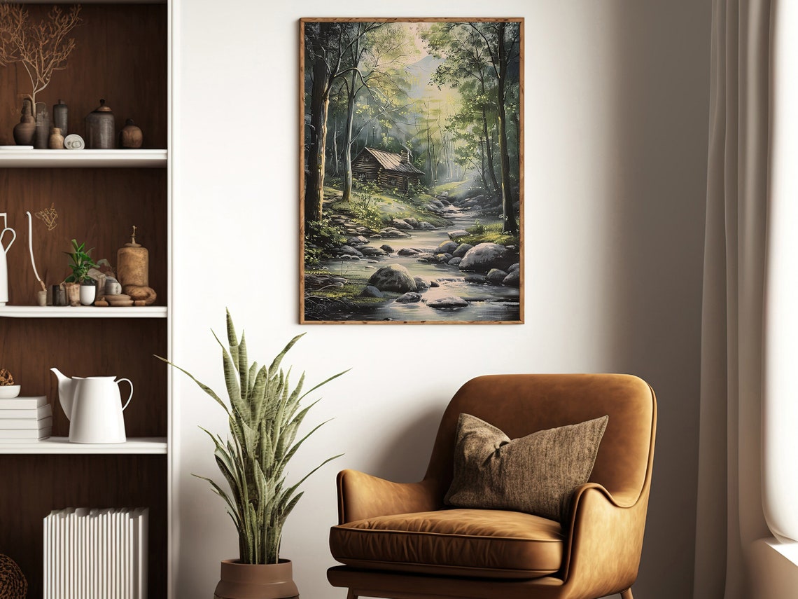Rustic Log Cabin By Rocky Stream In Sunlit Forest Art Landscape Poster - Image 2