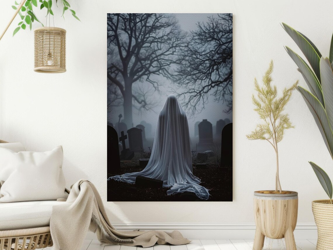 Veiled Ghost in Misty Cemetery Among Tombstones Bare Trees Spooky Poster - Image 2