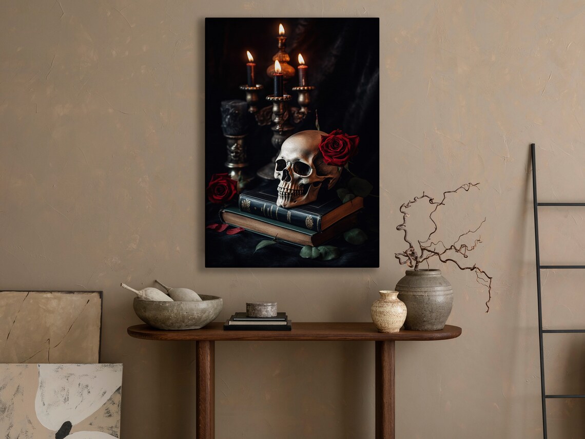 Skull With Red Rose On Antique Books By Candelabra Dark Academia Poster - Image 3