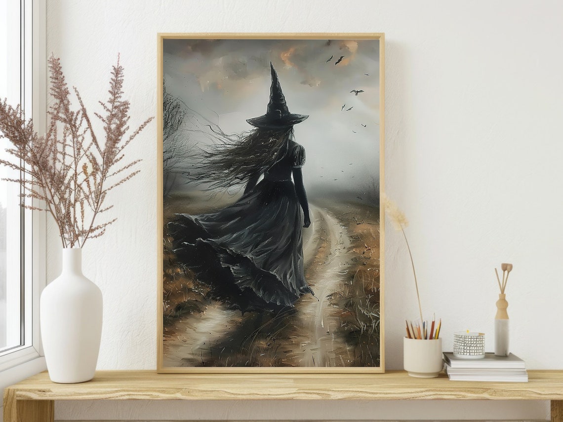 Witch Walking Windswept Country Road Cinematic Moody Halloween Poster - Image 3