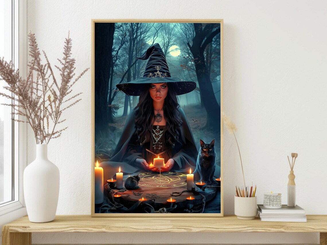 Witch Casting Spell in Moonlit Forest Candles Black Cat Magic Ritual Poster - Image 3