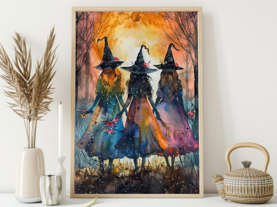 Three Young Witches Walking Into Sunset Colorful Watercolor Poster - Image 4
