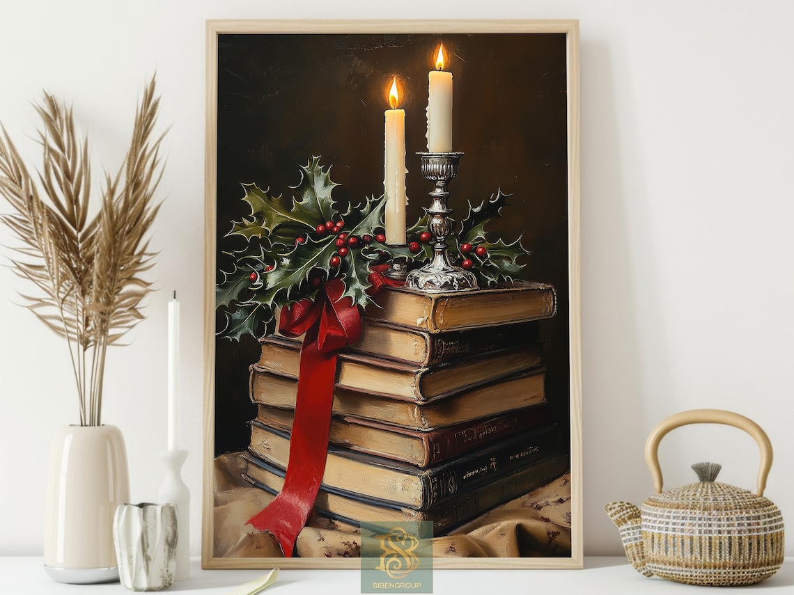 Old Books Tied With Red Ribbon Candles and Holly Vintage Art Print - Image 4