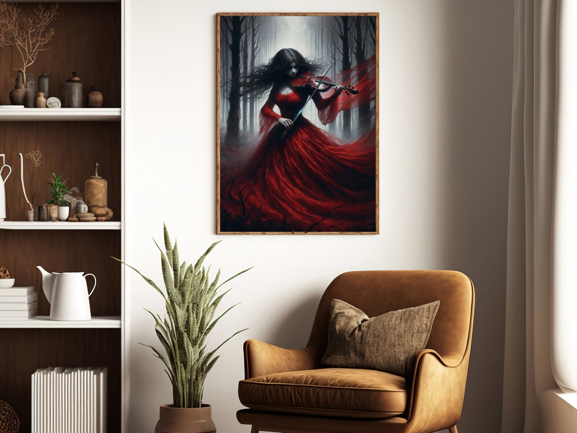 Dark Lady In Red Gown Playing Violin In Misty Forest Gothic Wall Art - Image 4