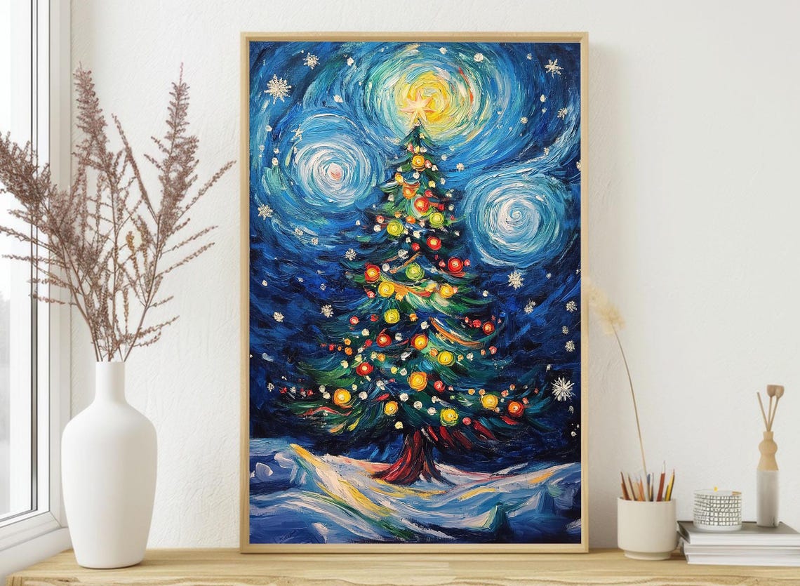 Starry Night Style Christmas Tree Swirling Blue Sky Impasto Poster - Image 3