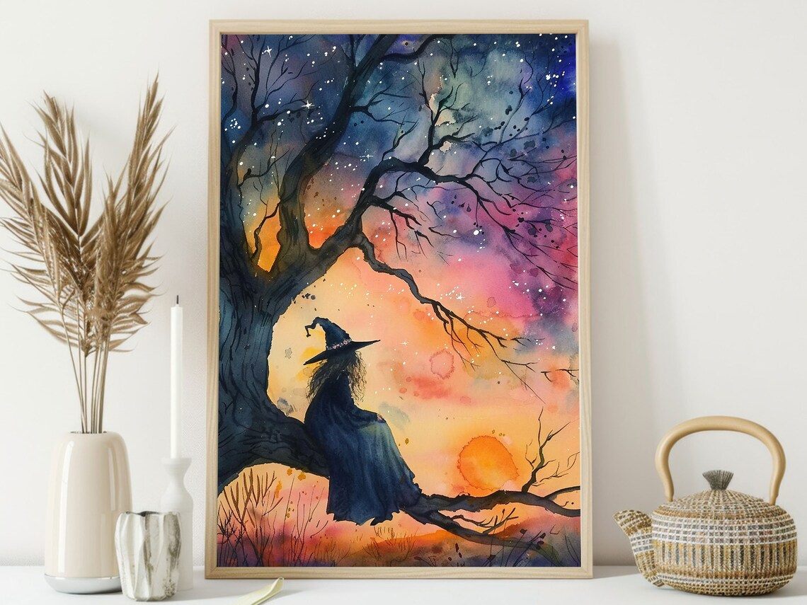 Witch Sitting On Tree Branch Galaxy Sunset Starry Watercolor Halloween Art Poster - Image 3