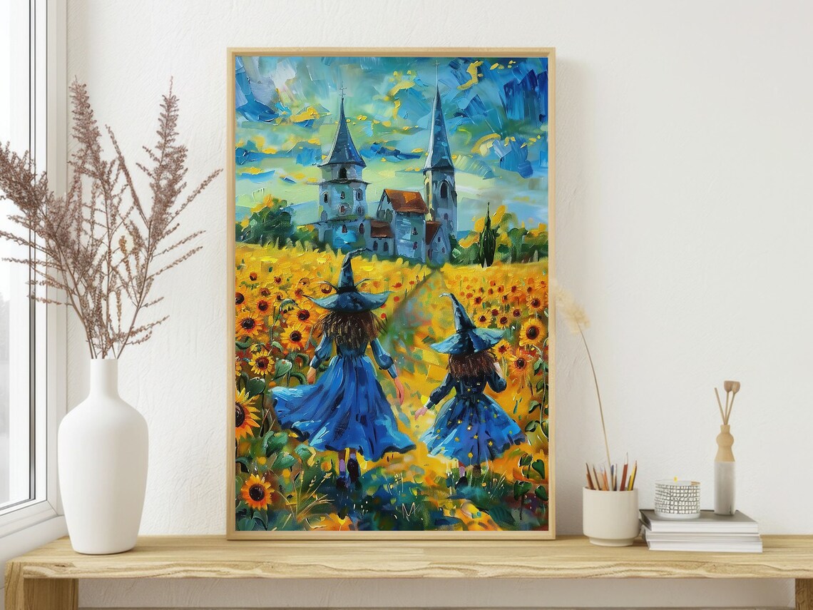 Two Young Witches Sunflower Field Castle Impressionist Halloween Whimsical Art Poster - Image 4