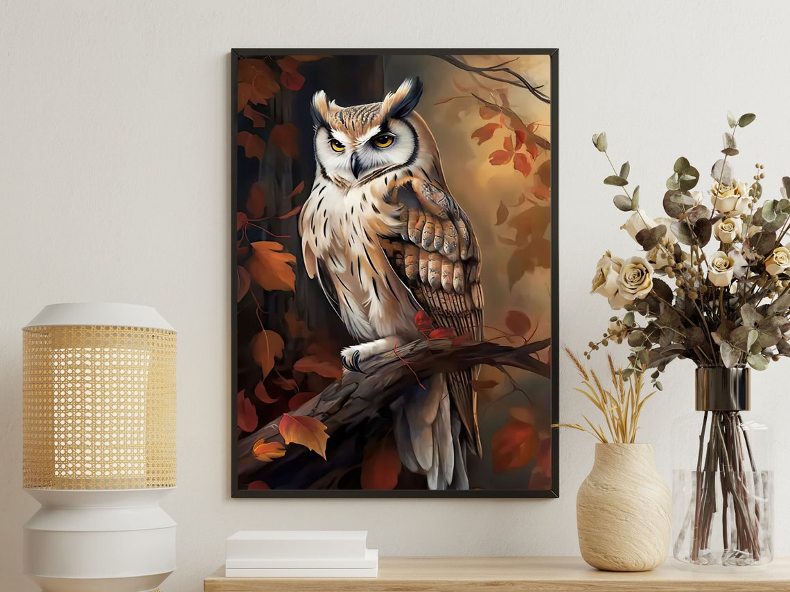 Vintage Autumn Owl Painting Retro Owl Art Print Owl Print Bird Art Print Floral Animal Poster Print Wild Animal Art Print