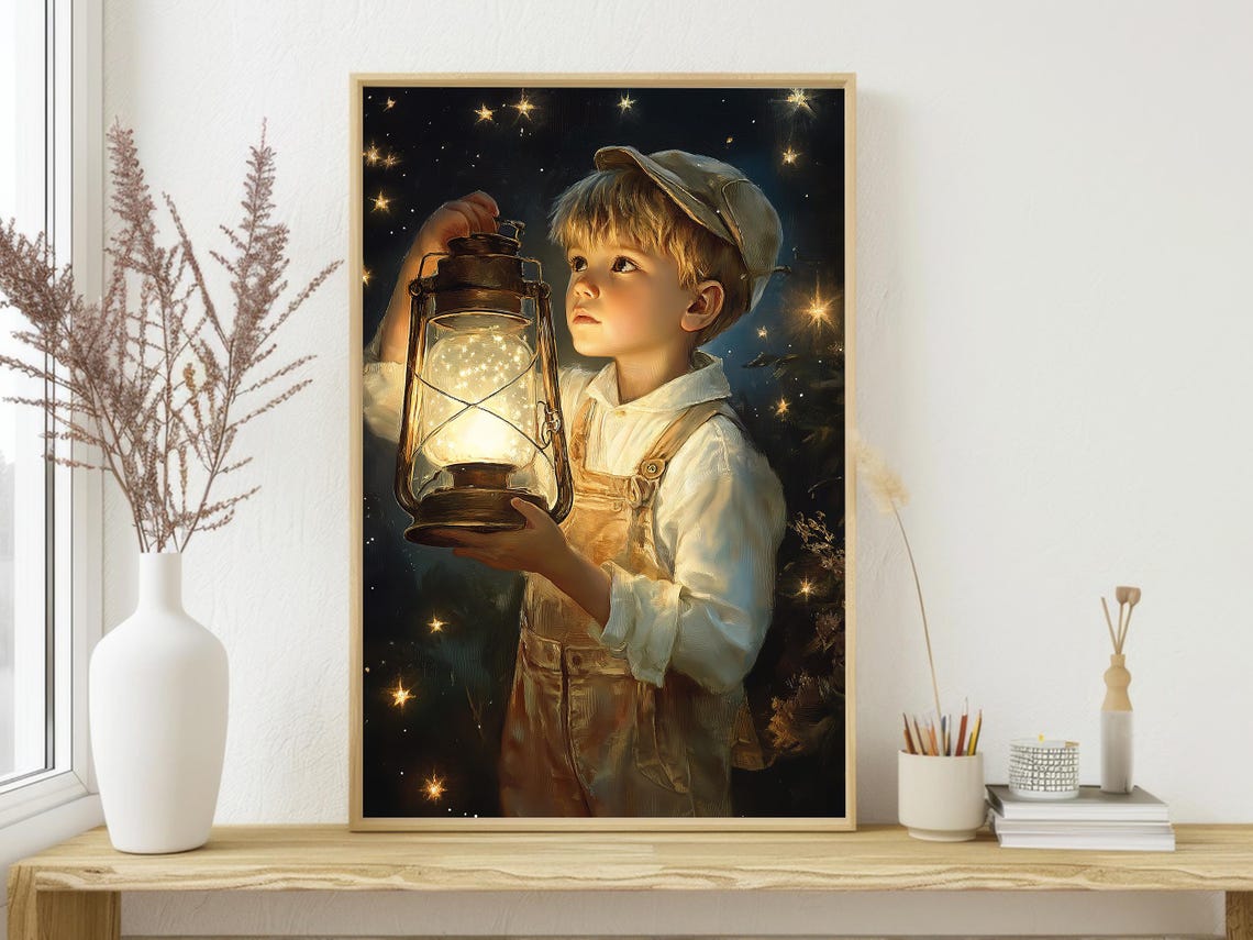 Vintage Boy Lantern Starry Night Fireflies Warm Christmas Wall Art - Image 2