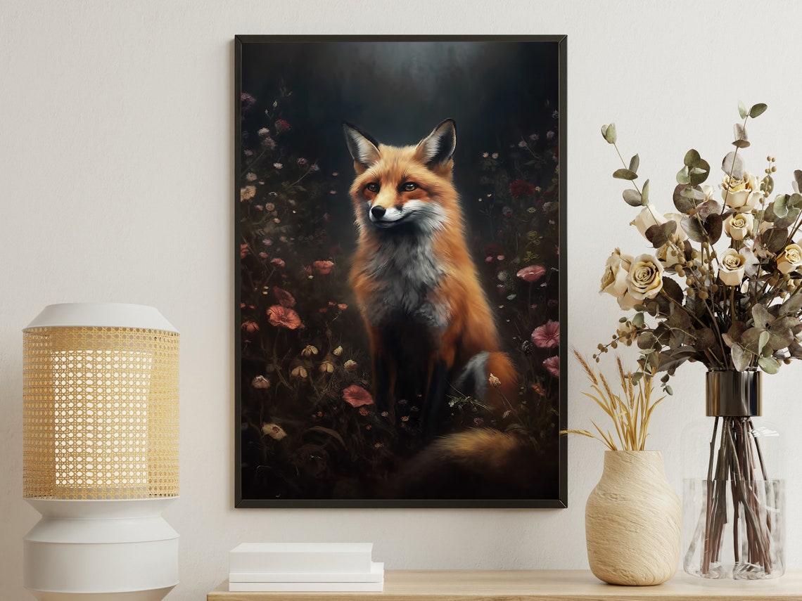 Red Fox Among Wildflowers Moody Dark Forest Animal Art Poster