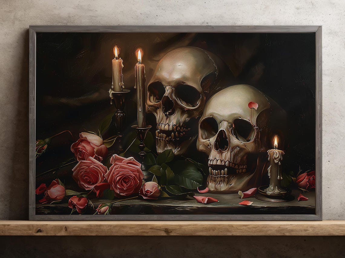 Two Skulls with Red Roses and Candles Dark Academia Still Life Poster