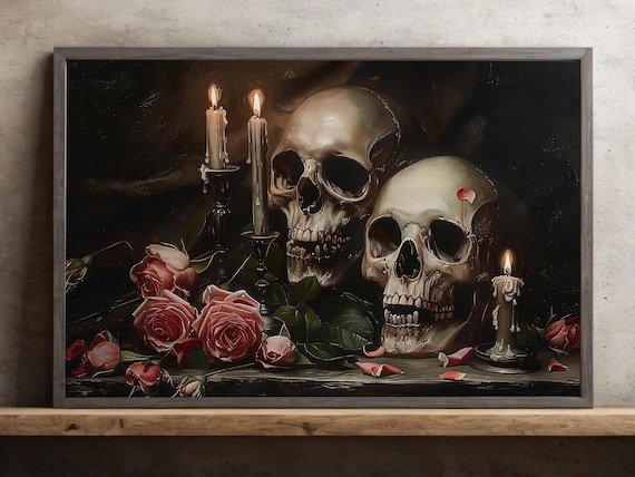 Two Skulls with Red Roses and Candles Dark Academia Still Life Poster