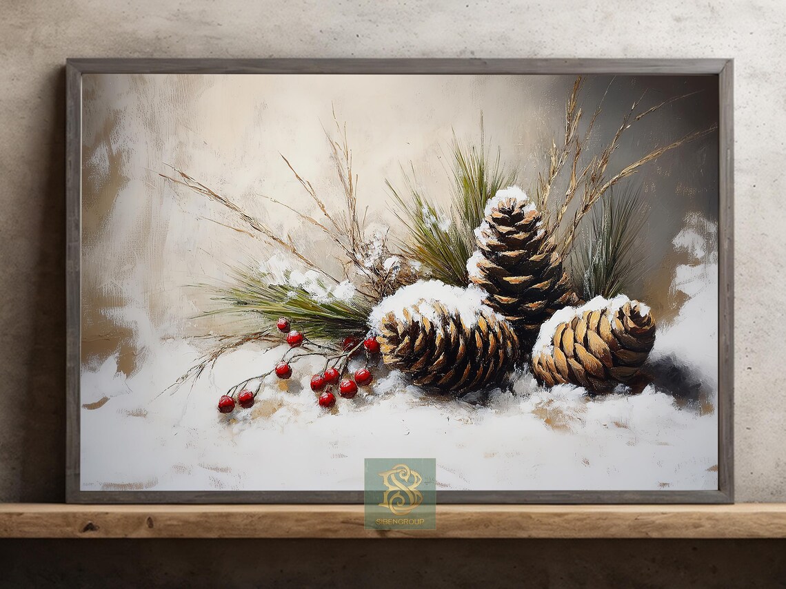 Vintage Christmas Pinecone Art Print, Rustic Decor