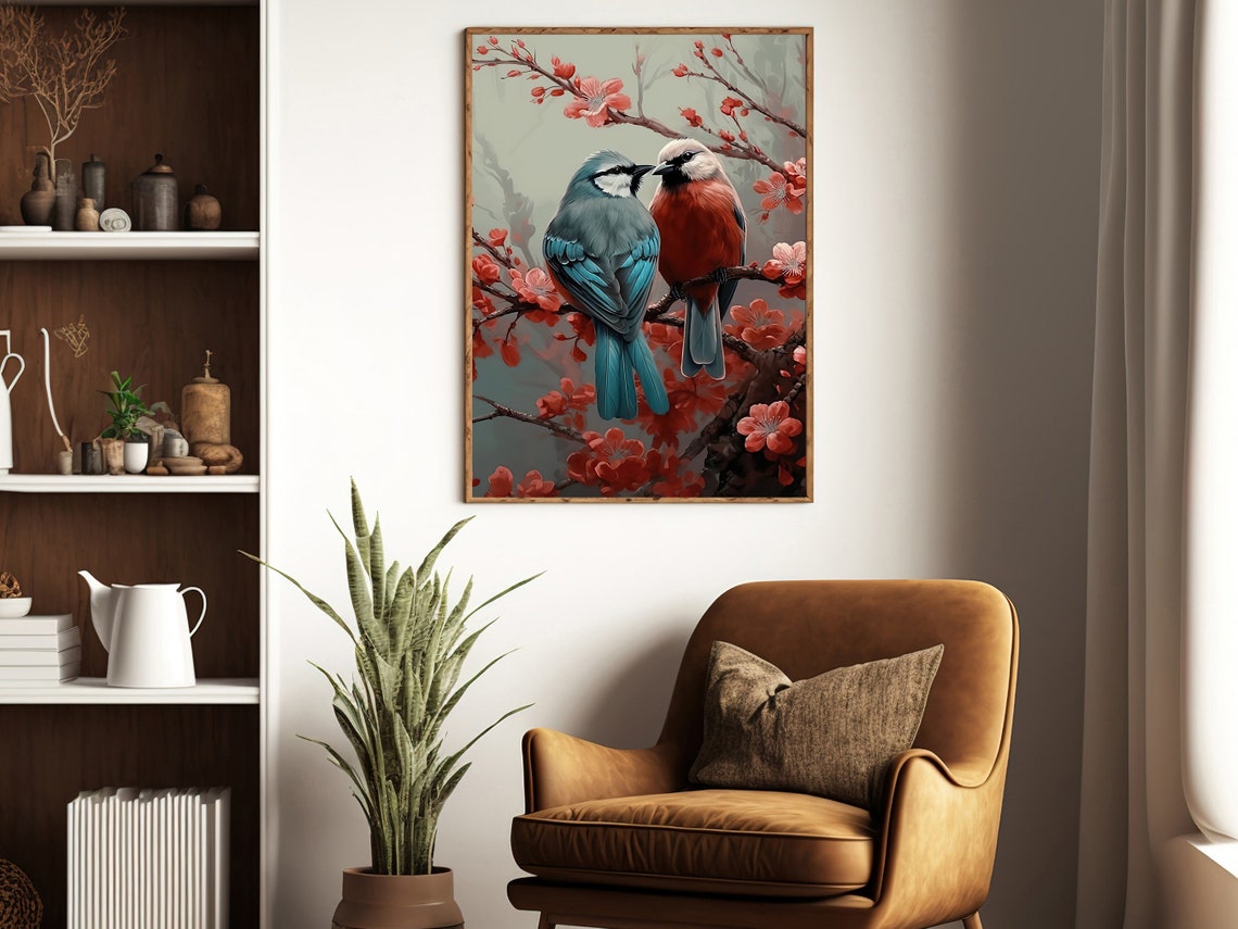 Vintage Couple Bird Painting Love Bird Art Print Bird Print Gothic Floral Bird Poster Print Bird Wall Decor Animal Art Print - Image 3
