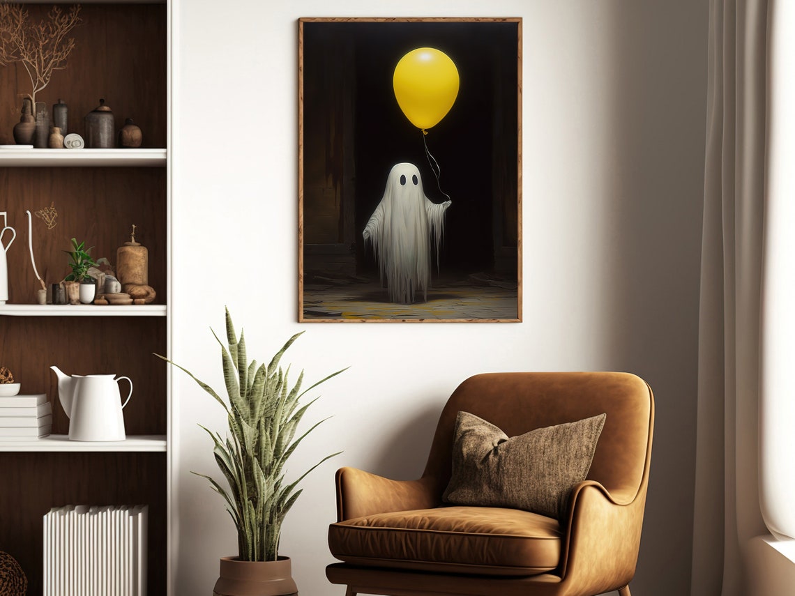 Cute Ghost Holding Yellow Balloon Dark Gothic Halloween Art Poster - Image 2