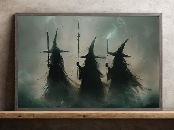 Three Witches In Dark Night, Halloween Poster Print