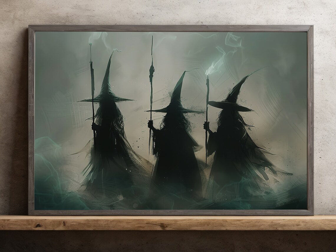 Three Witches In Dark Night, Halloween Poster Print