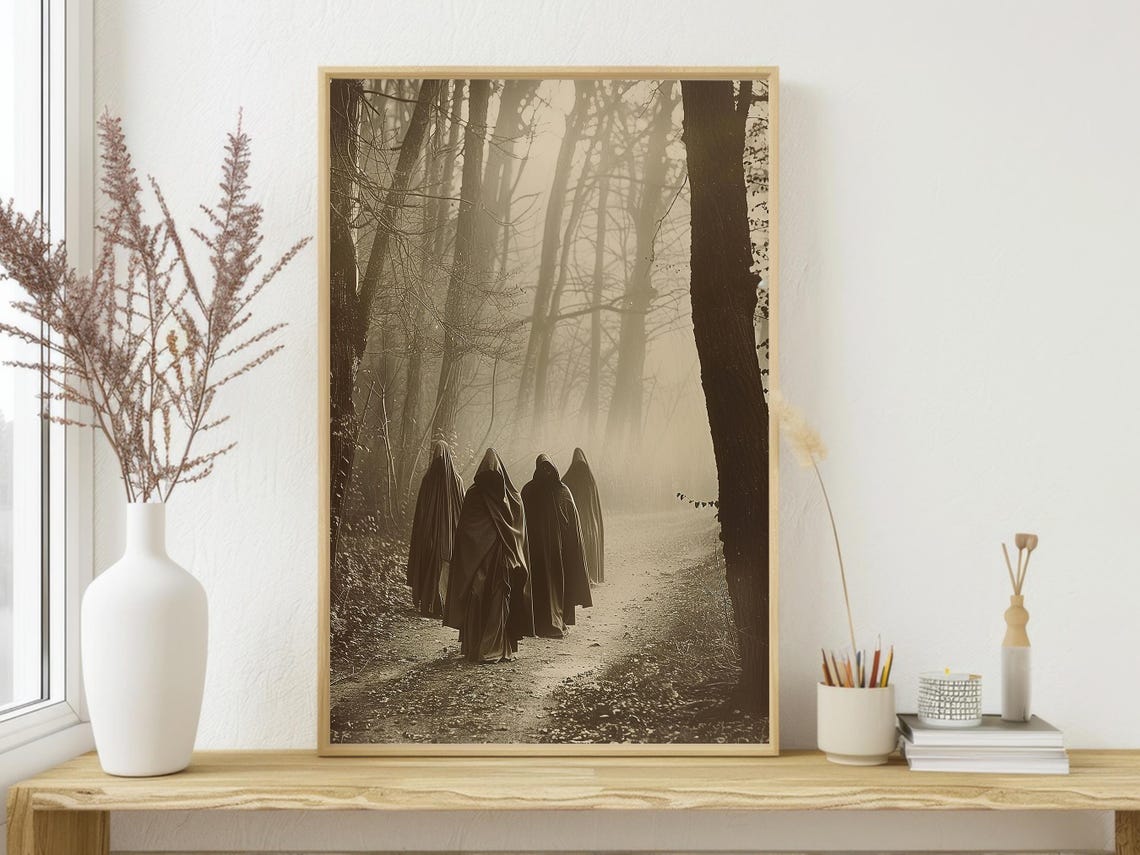 Four Hooded Ghosts on Foggy Forest Path Vintage Sepia Horror Poster - Image 4