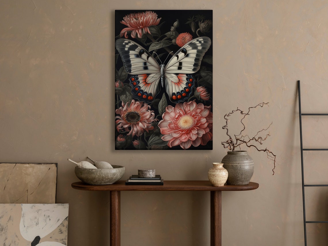 Elegant White Butterfly With Red Spots Among Pink Flowers Print - Image 2