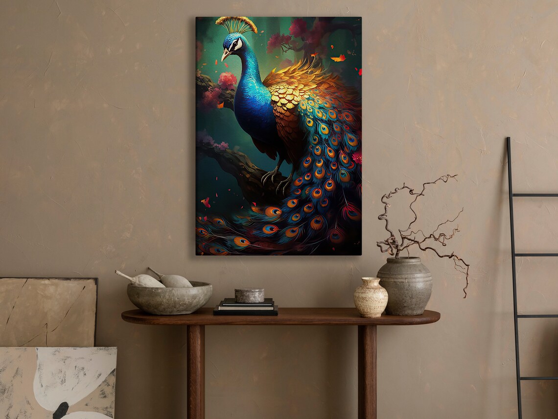 Vibrant Peacock Full Tail Feathers Iridescent Blue Bird Art Print Poster - Image 2