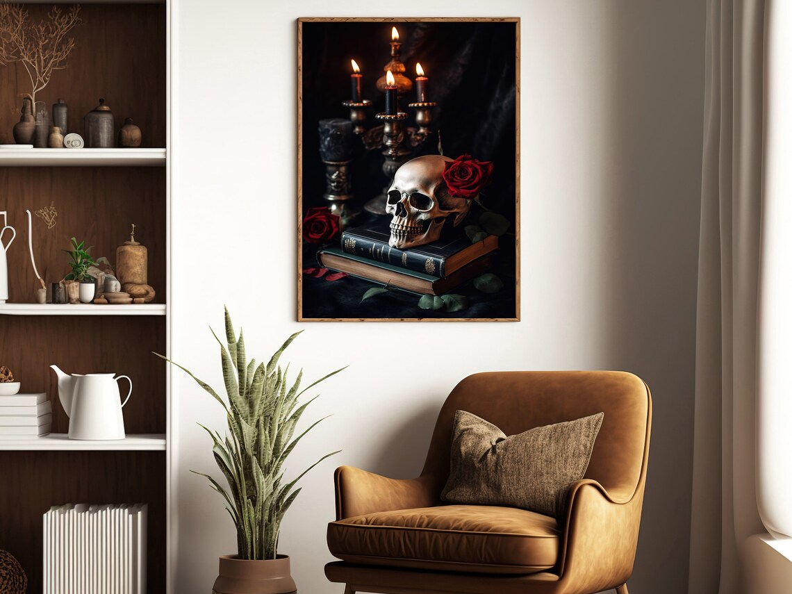 Skull With Red Rose On Antique Books By Candelabra Dark Academia Poster - Image 4