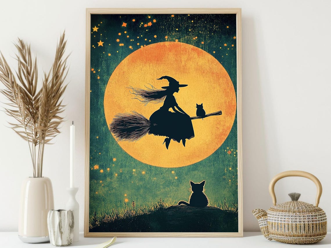 Witch Silhouette Flying Across Glowing Harvest Moon Night Art Print - Image 3