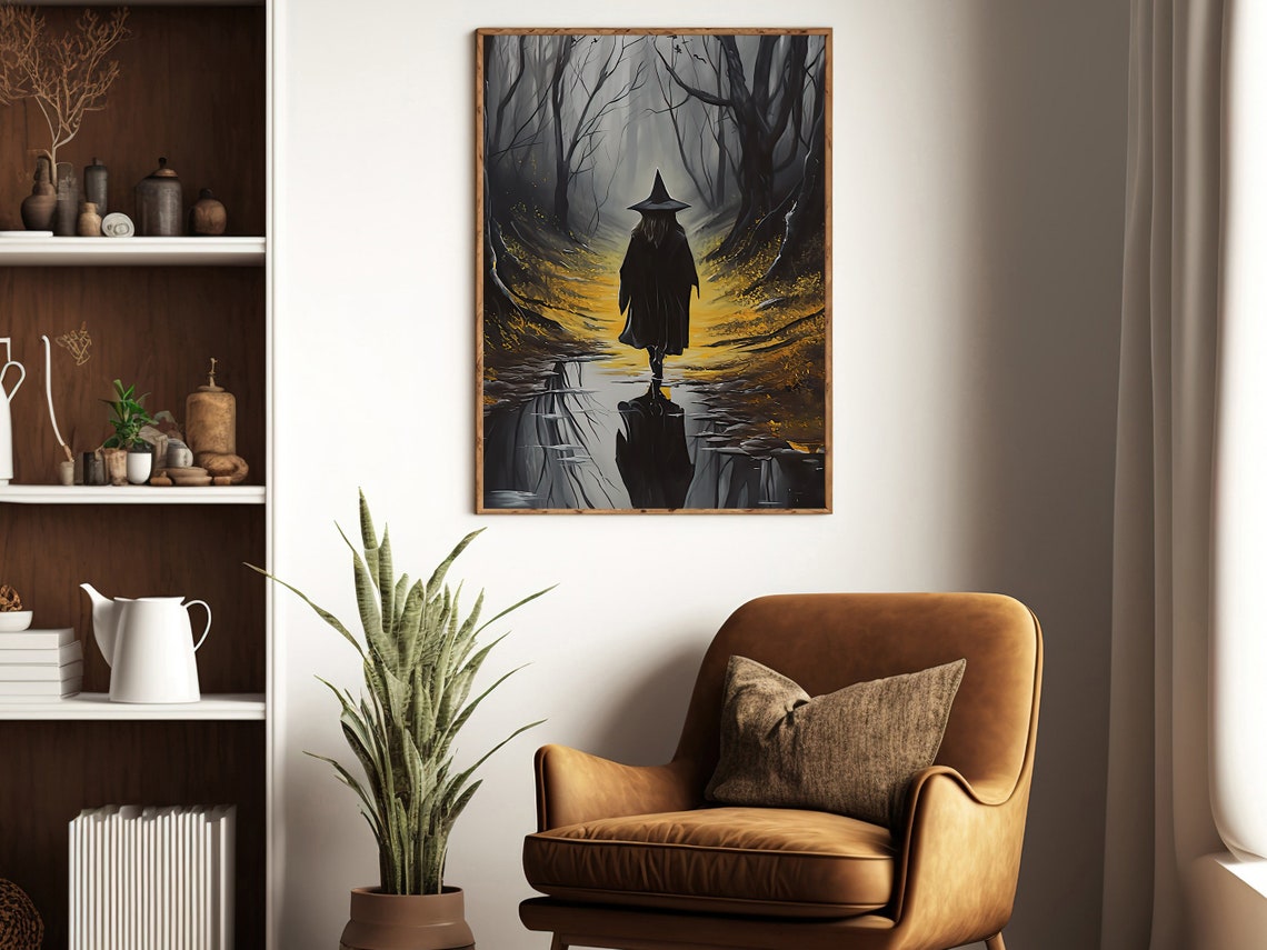 Witch Silhouette Walking Into Misty Golden Forest Path Art Print - Image 2